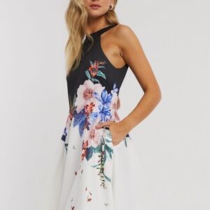 TED BAKER Black White Floral Print Tildda Scuba Neoprene Skater Dress 0